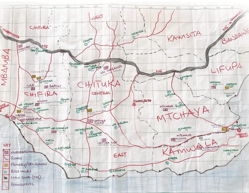 Hand drawn map showing part of Malenga Mzoma Traditional Authority