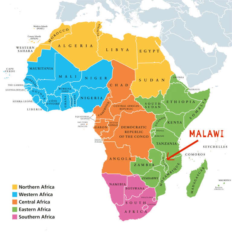 Map of Africa showing location of Malawi